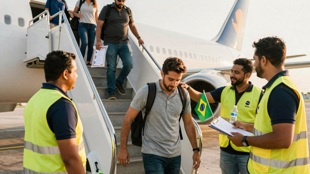 Homem desembarca de avião e é recepcionado por equipe com colete amarelo e bandeira do Brasil.