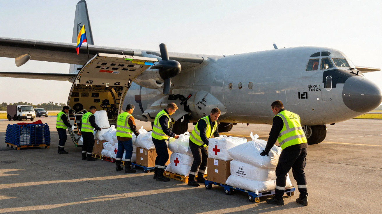 Equipe descarregando suprimentos de ajuda humanitária de avião militar na pista do aeroporto.