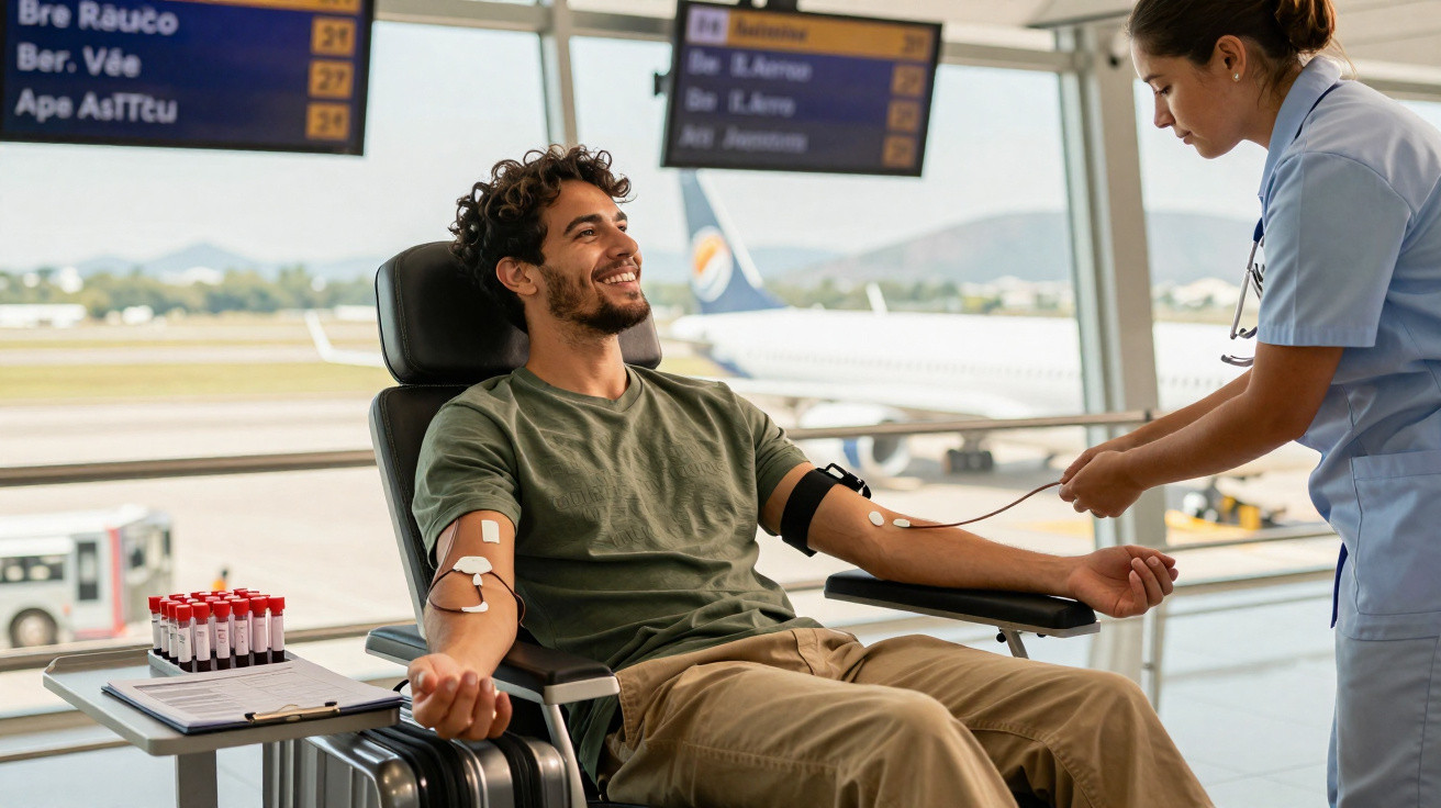 Homem sorridente doa sangue sentado em cadeira hospitalar, com profissional de saúde ao lado.