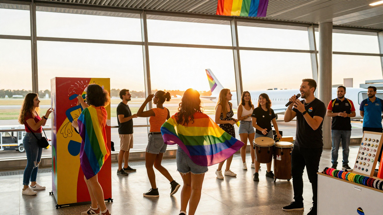 Grupo diverso celebra com bandeiras e música em evento LGBTQ+ no aeroporto ao pôr do sol.