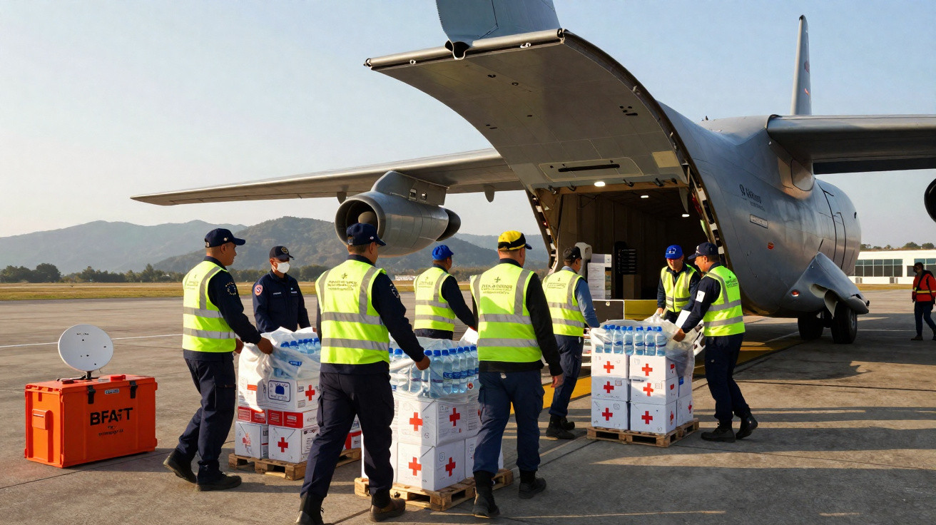 Equipe de resgate descarregando suprimentos humanitários de um avião em pista aérea.