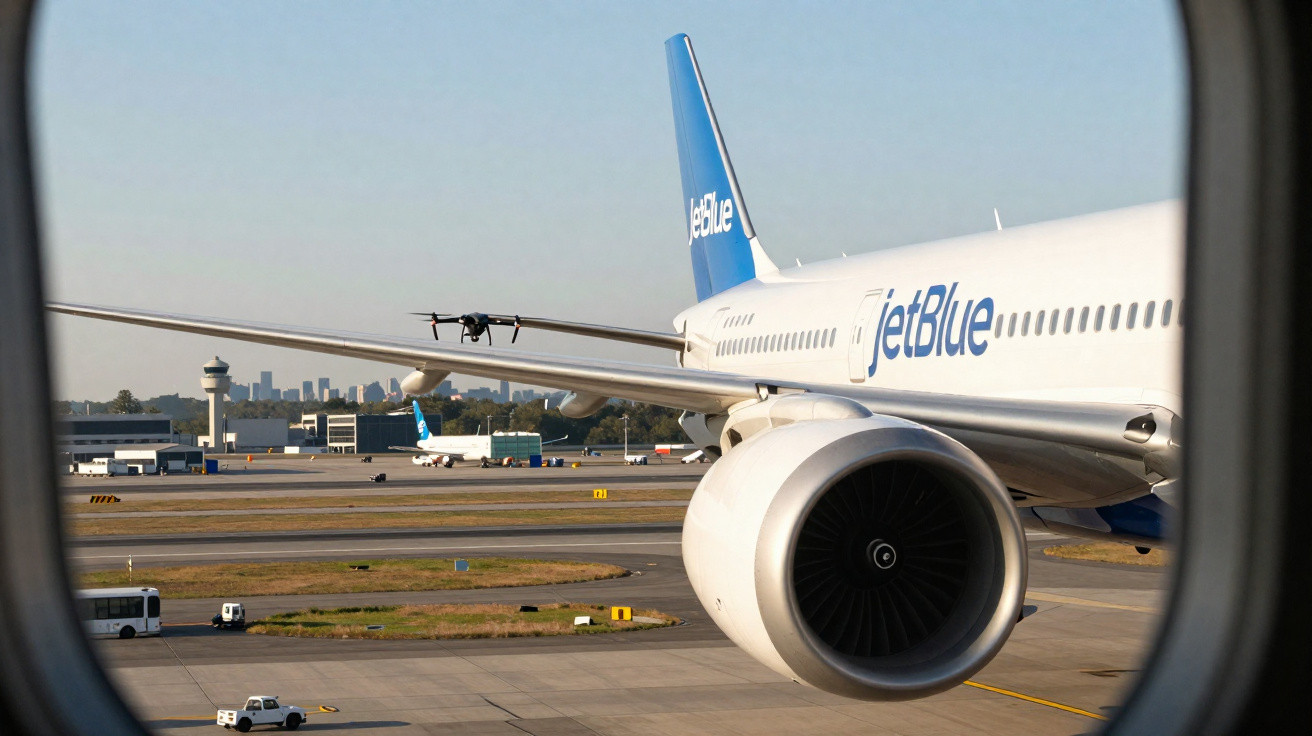 Avião da JetBlue visto pela janela, com motor e asa em destaque no aeroporto ao entardecer.