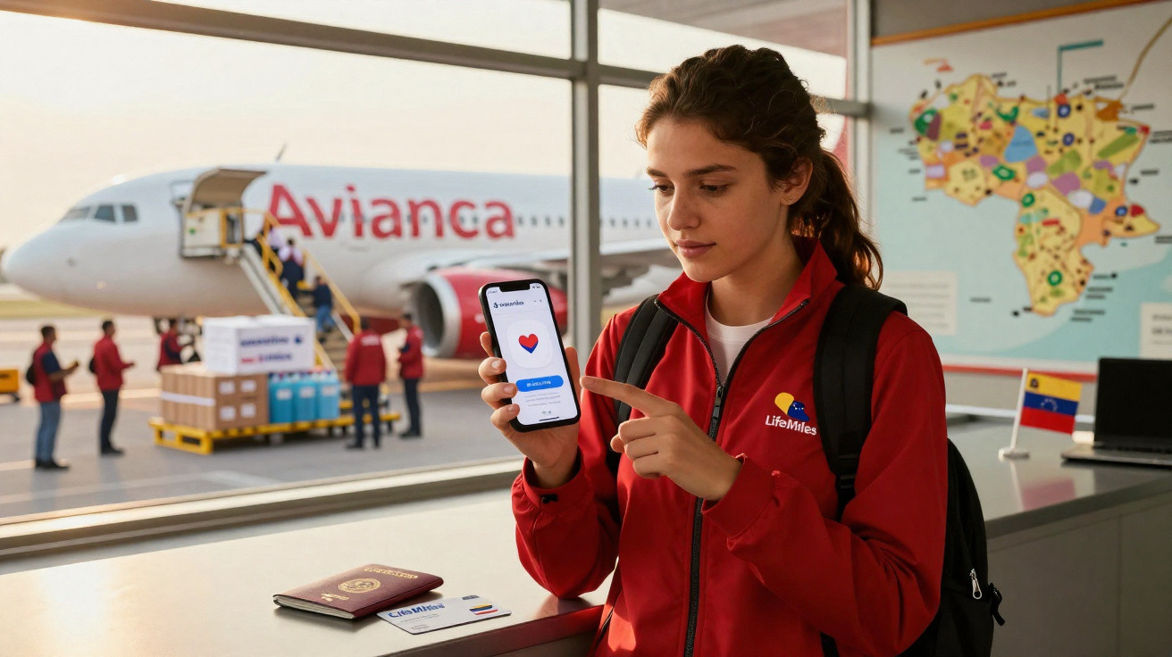 Jovem com jaqueta vermelha mostra aplicativo LifeMiles no celular em aeroporto com avião da Avianca ao fundo.
