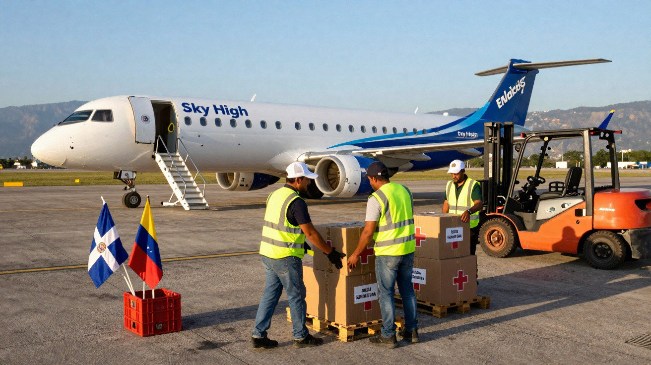 Três homens com coletes refletores movimentam caixas de suprimentos; avião Sky High e empilhadeira ao fundo.