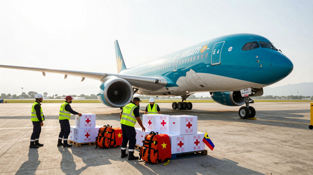 Trabalhadores com coletes refletivos descarregam caixas com símbolos de cruz vermelha de avião azul.