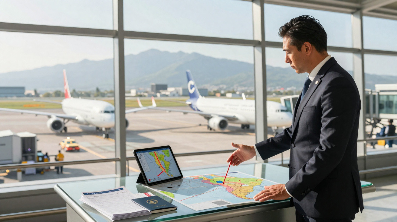 Homem de terno planeja viagem com mapa e tablet em aeroporto, com aviões ao fundo e vista para montanhas.