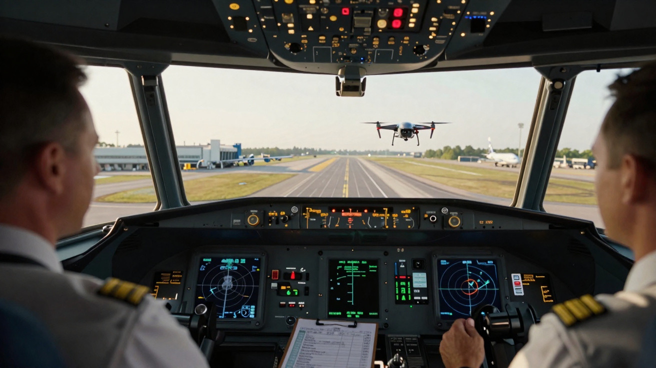 Visão da cabine de avião com dois pilotos observando um drone voando à frente na pista de pouso.