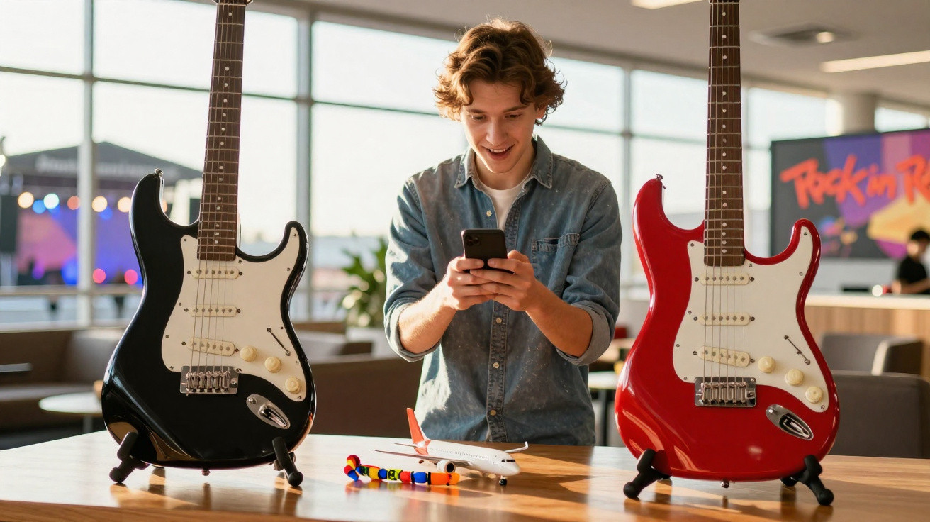 Jovem sorridente usando celular entre guitarras elétrica preta e vermelha sobre mesa com miniatura de avião.