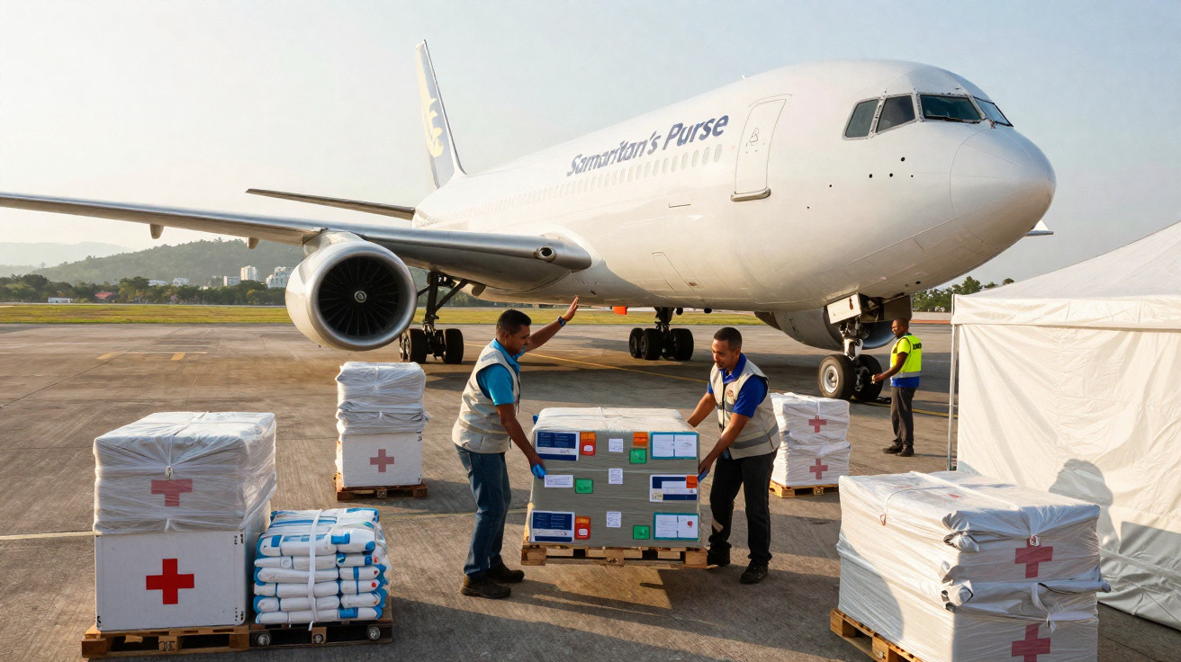 Funcionários descarregam suprimentos humanitários de avião da Samaritan's Purse em pista de aeroporto.