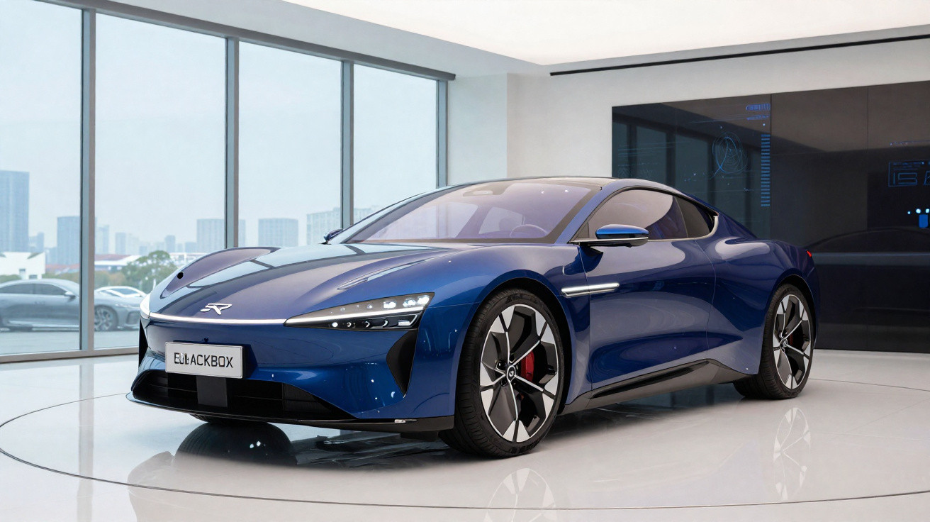 Carro esportivo elétrico azul metálico em exposição dentro de showroom moderno e iluminado.
