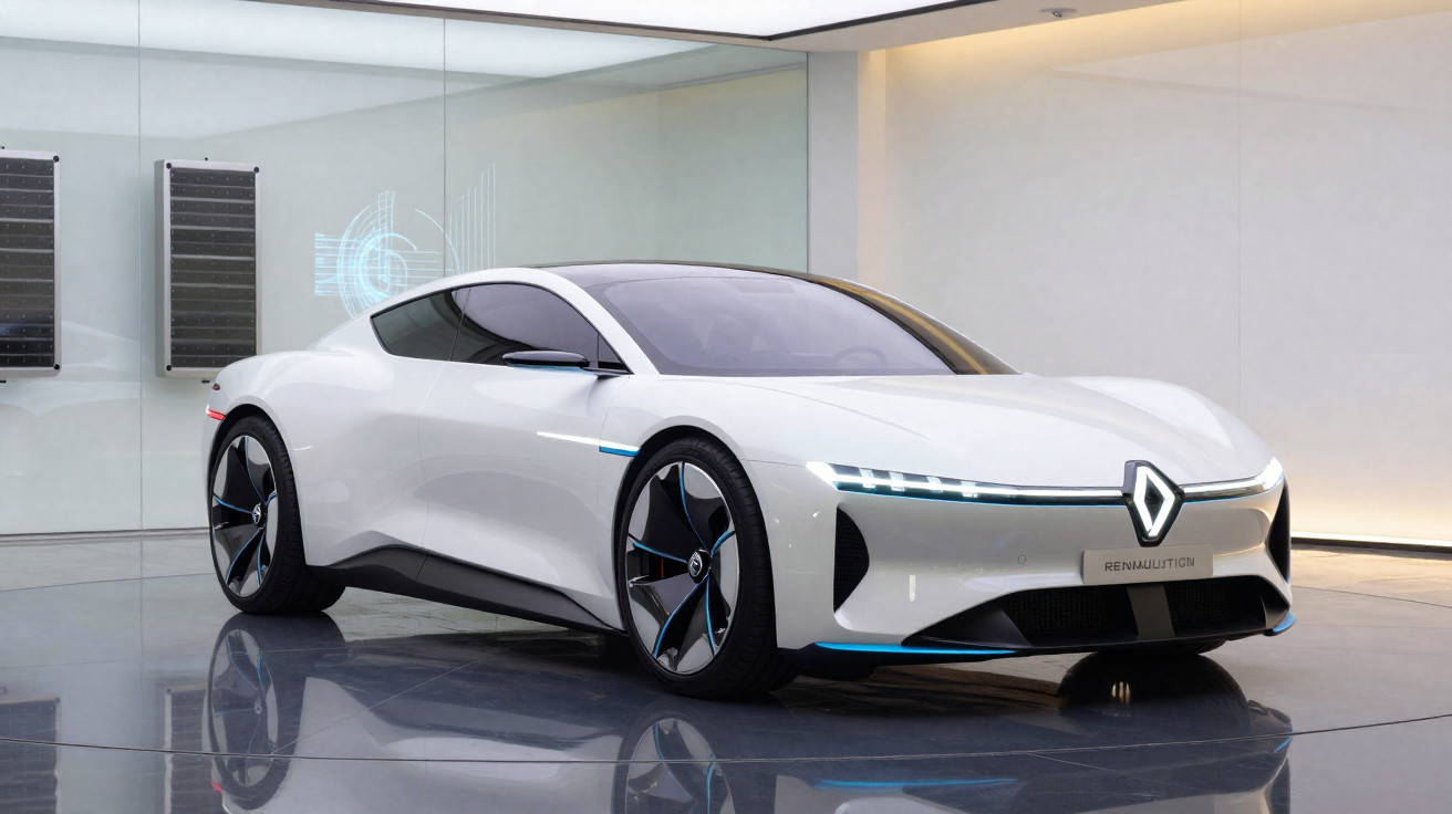 Carro esportivo elétrico branco da Renault em showroom moderno com iluminação suave e detalhes azuis.