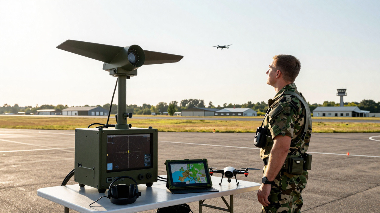 Militar com uniforme camuflado operando drone em área aberta com estação de controle e monitor na mesa.