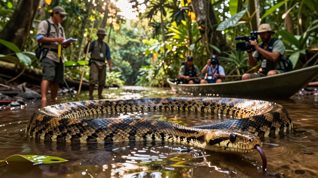 Cobra grande na água com equipe de pesquisadores e cinegrafistas em floresta densa ao fundo.