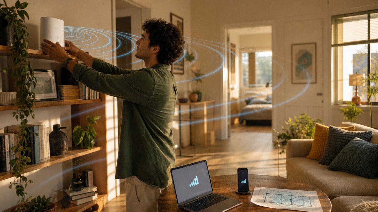 Homem ajusta roteador Wi-Fi em estante de sala com laptop e celular mostrando sinal de internet.