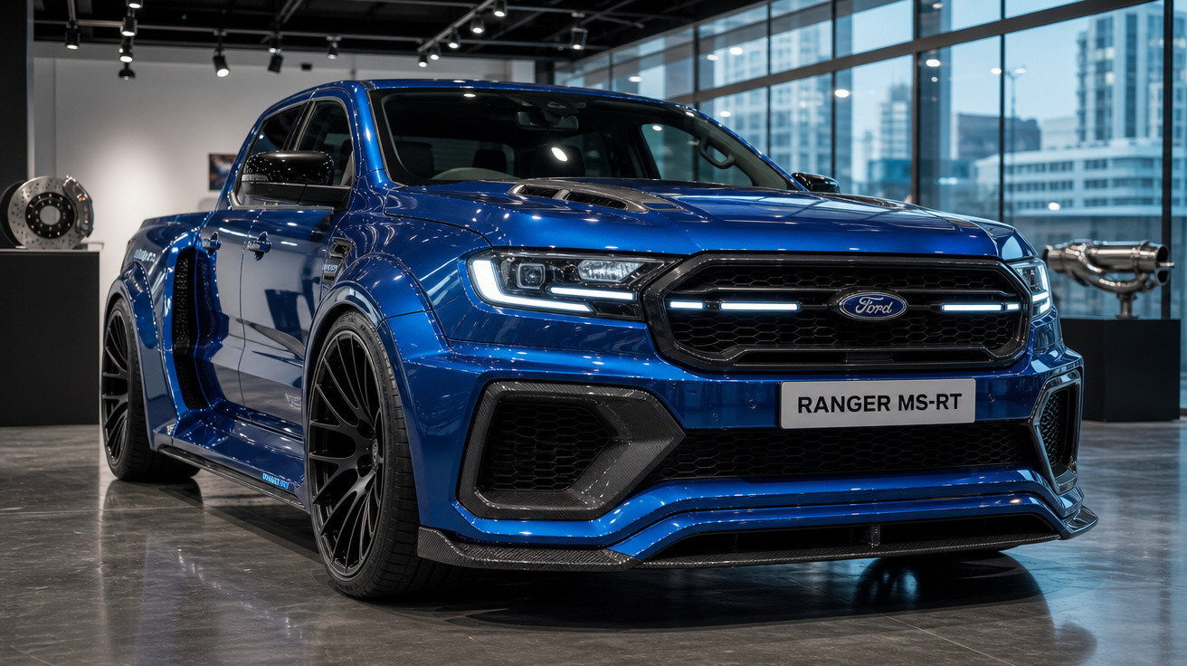 Picape azul Ford Ranger MS-RT em exposição interna com rodas esportivas pretas e iluminação moderna.
