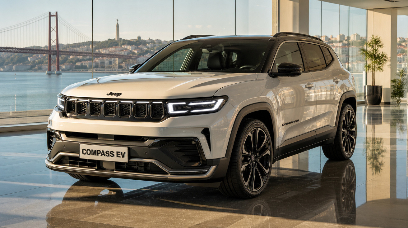 SUV Jeep Compass EV branco exibido em sala com janelas grandes e vista para ponte e cidade ao fundo.