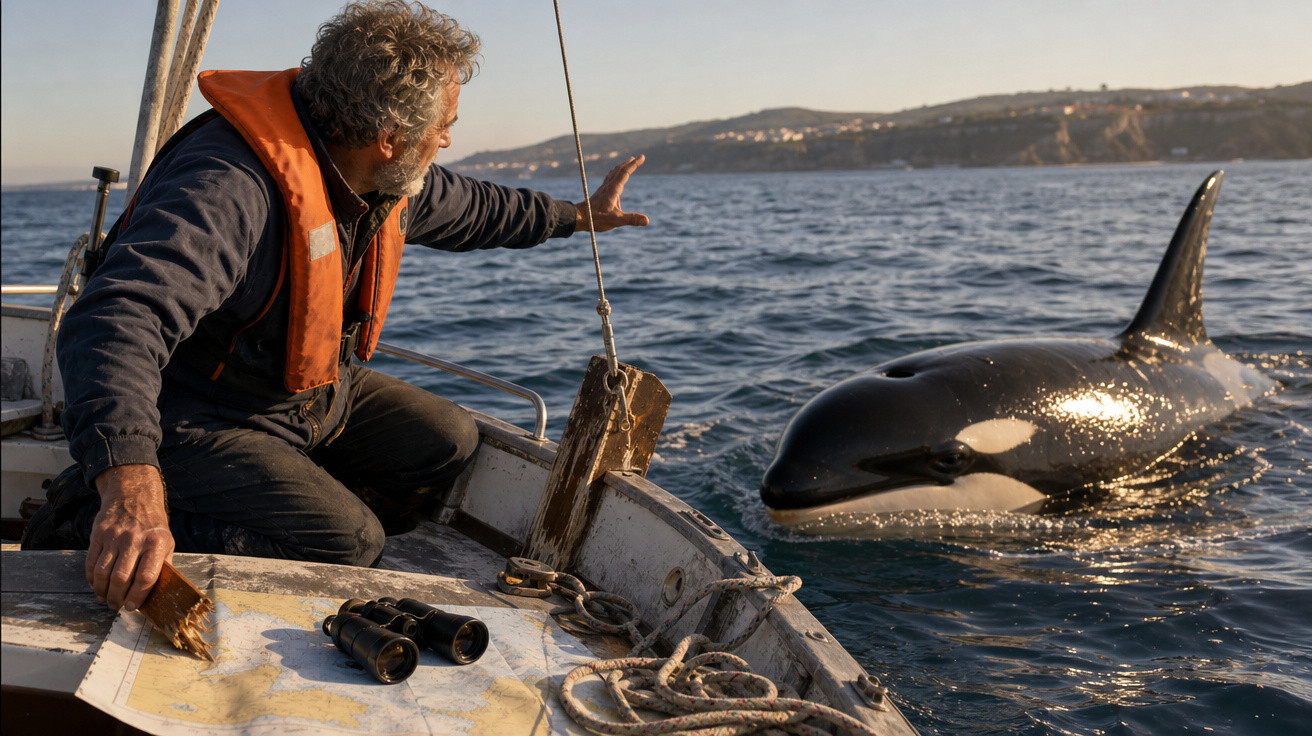 Homem em barco fazendo gesto de saudação para uma orca próxima no mar durante o dia.
