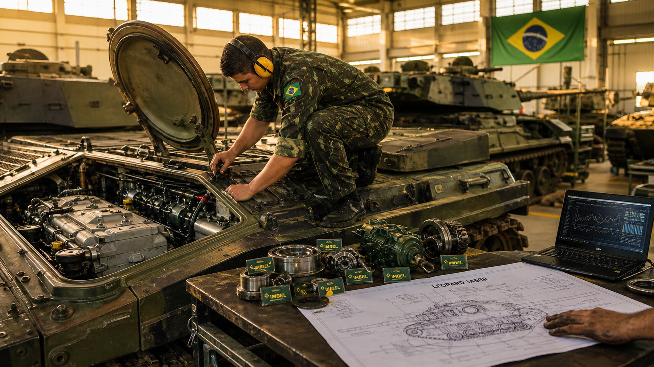 Militar brasileiro conserta motor de veículo blindado em oficina com bandeira do Brasil ao fundo.