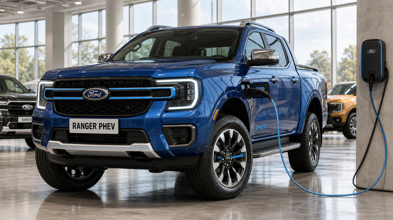 Picape Ford Ranger PHEV azul plugada em carregador elétrico em showroom moderno.