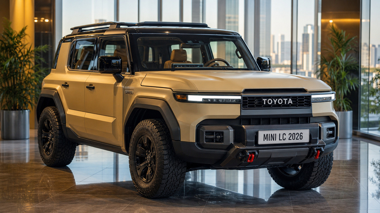 SUV Toyota Land Cruiser 2026 bege estacionado em ambiente interno com piso espelhado e plantas ao fundo.