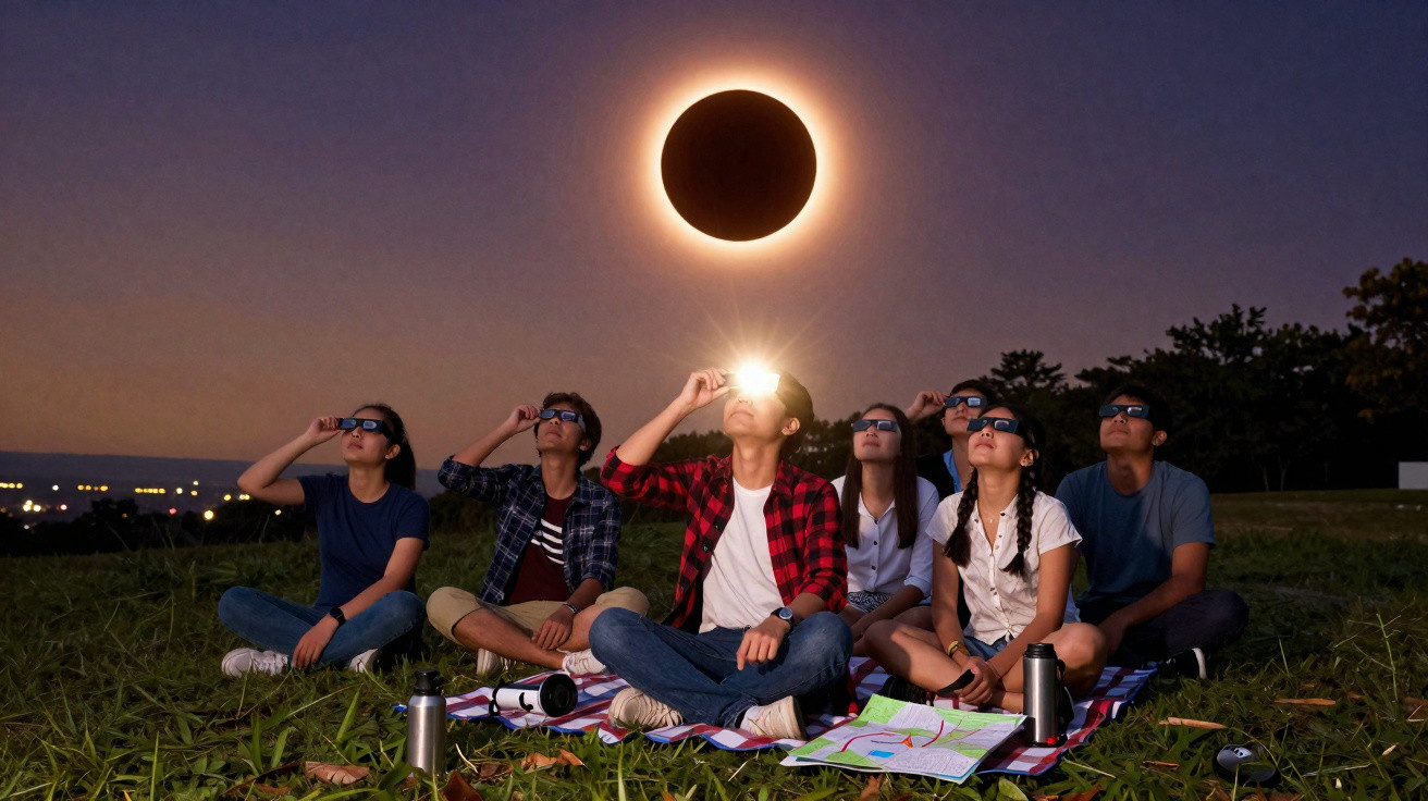 Grupo de seis jovens sentados no gramado assistindo a eclipse solar com óculos de proteção.