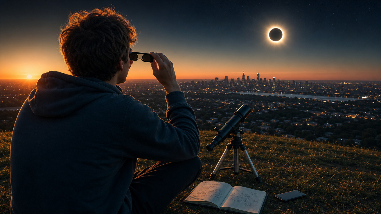 Jovem sentado em colina observa eclipse solar com óculos especiais, telescópio e caderno aberto em frente.