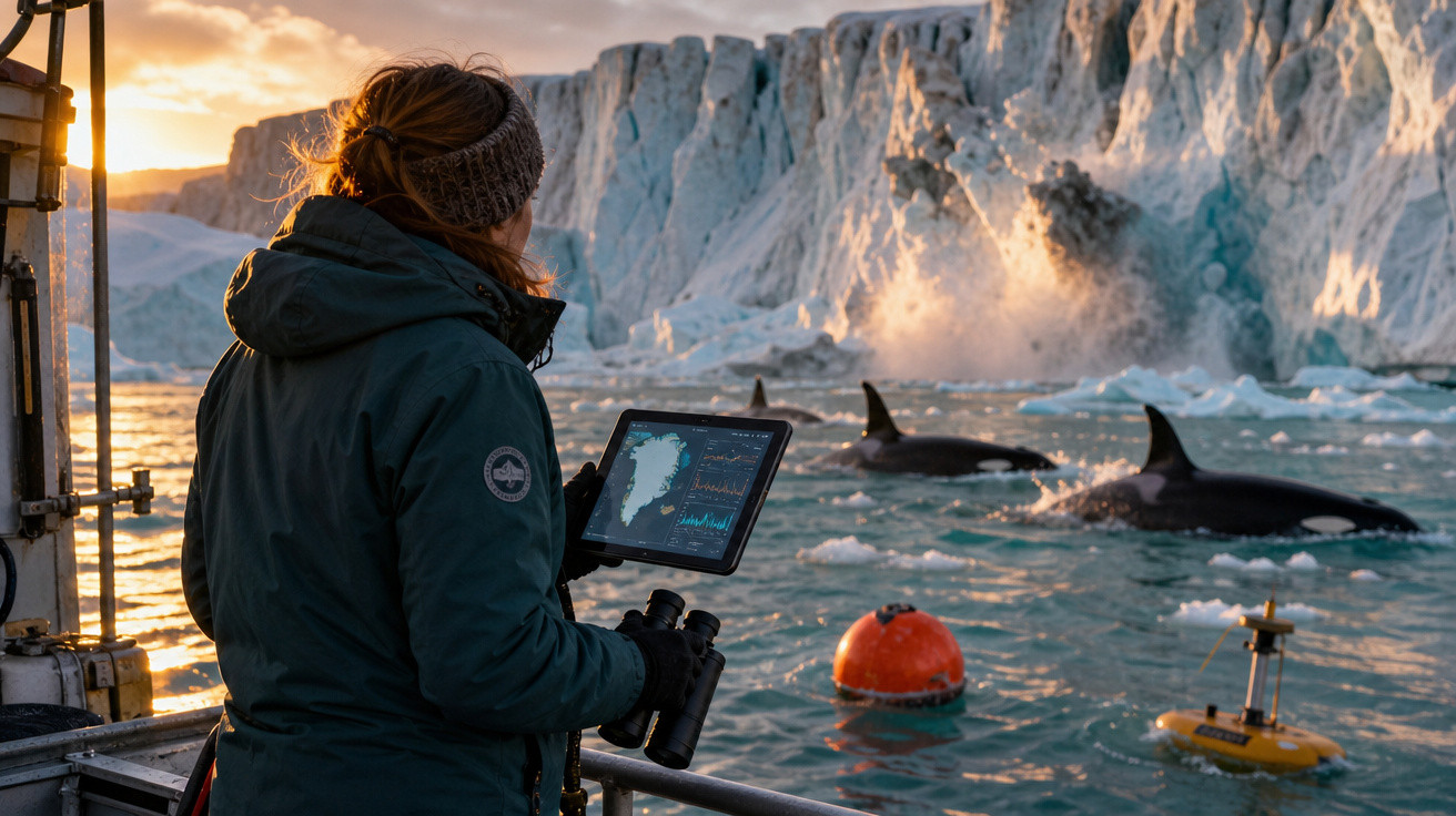 Pessoa em barco observando orcas nadando perto de geleira com tablet e binóculo ao pôr do sol.