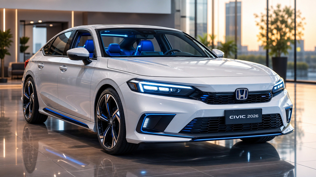 Carro branco Honda Civic 2026 em showroom moderno com luzes LED e interior azul.