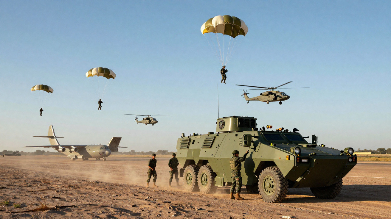 Paracaidistas militares saltando próximo a veículo blindado e helicópteros em área aberta e ensolarada.