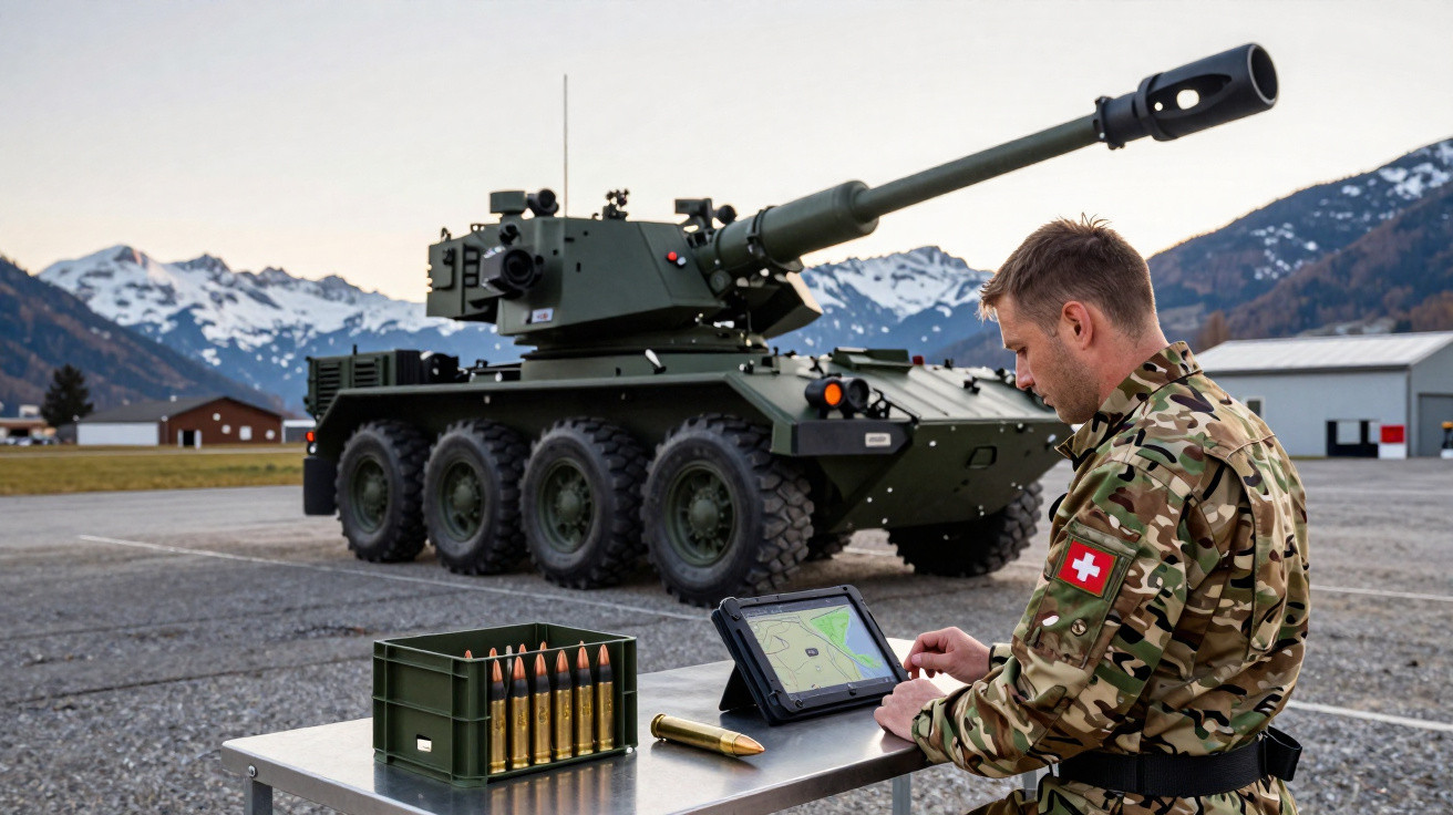 Soldado em uniforme camuflado operando tablet perto de tanque militar em área montanhosa ao entardecer.