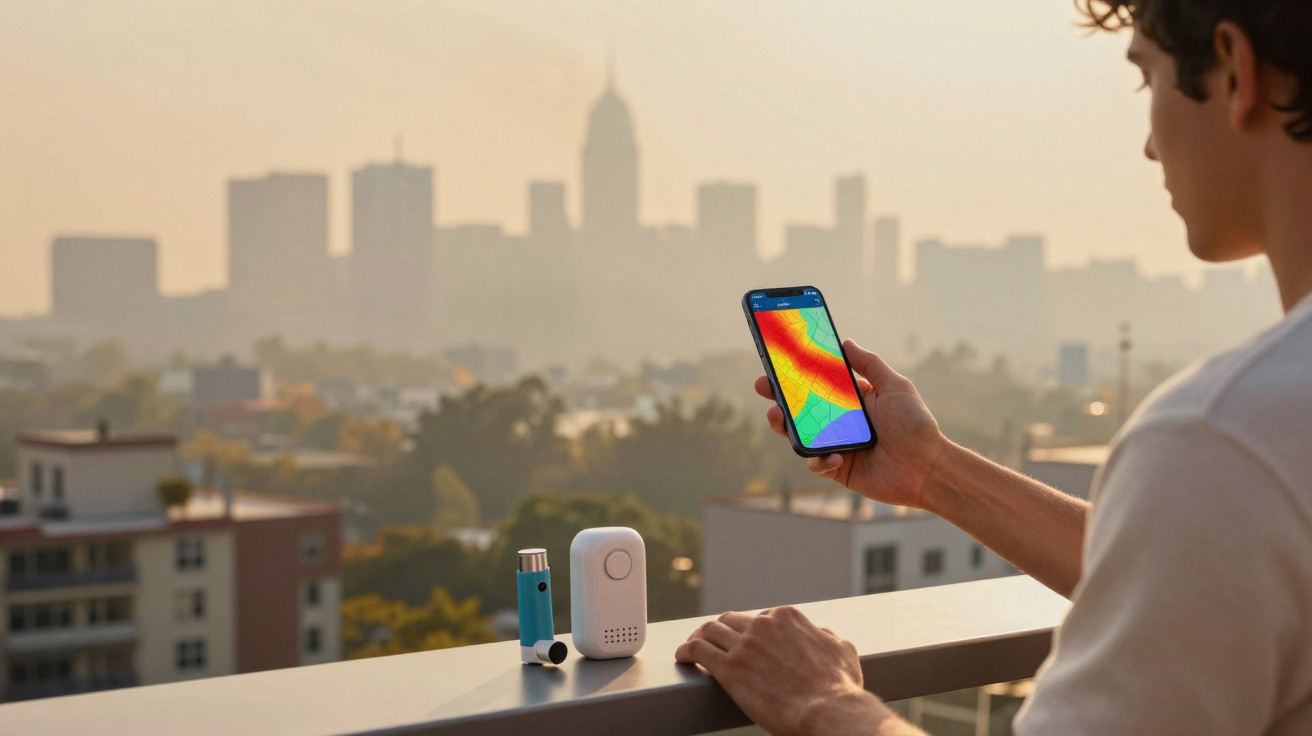 Homem segurando celular com mapa térmico em varanda com nebulosidade e prédios ao fundo.