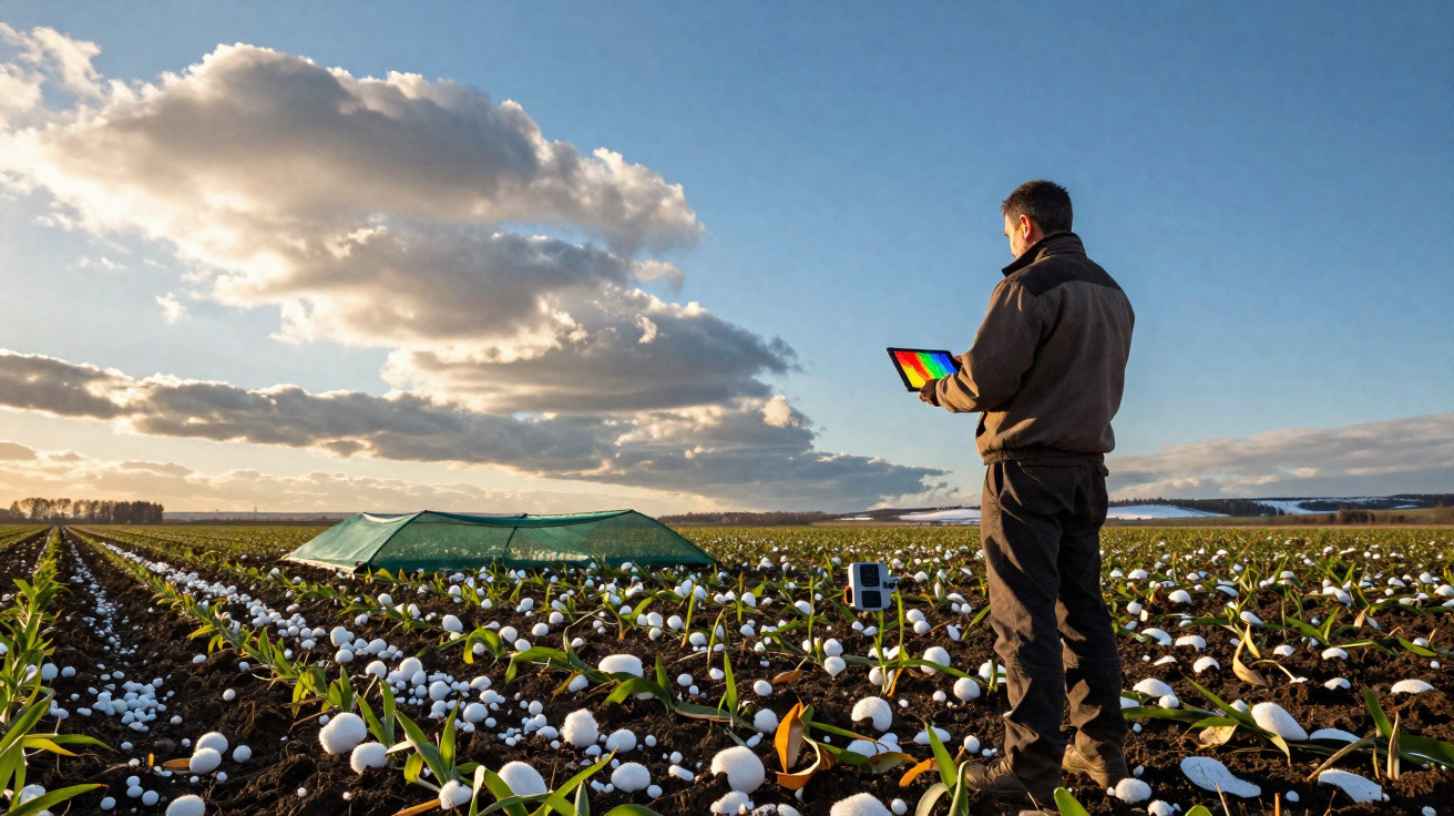 Homem com tablet colorido em plantação de milho coberta por pedras de granizo ao entardecer.