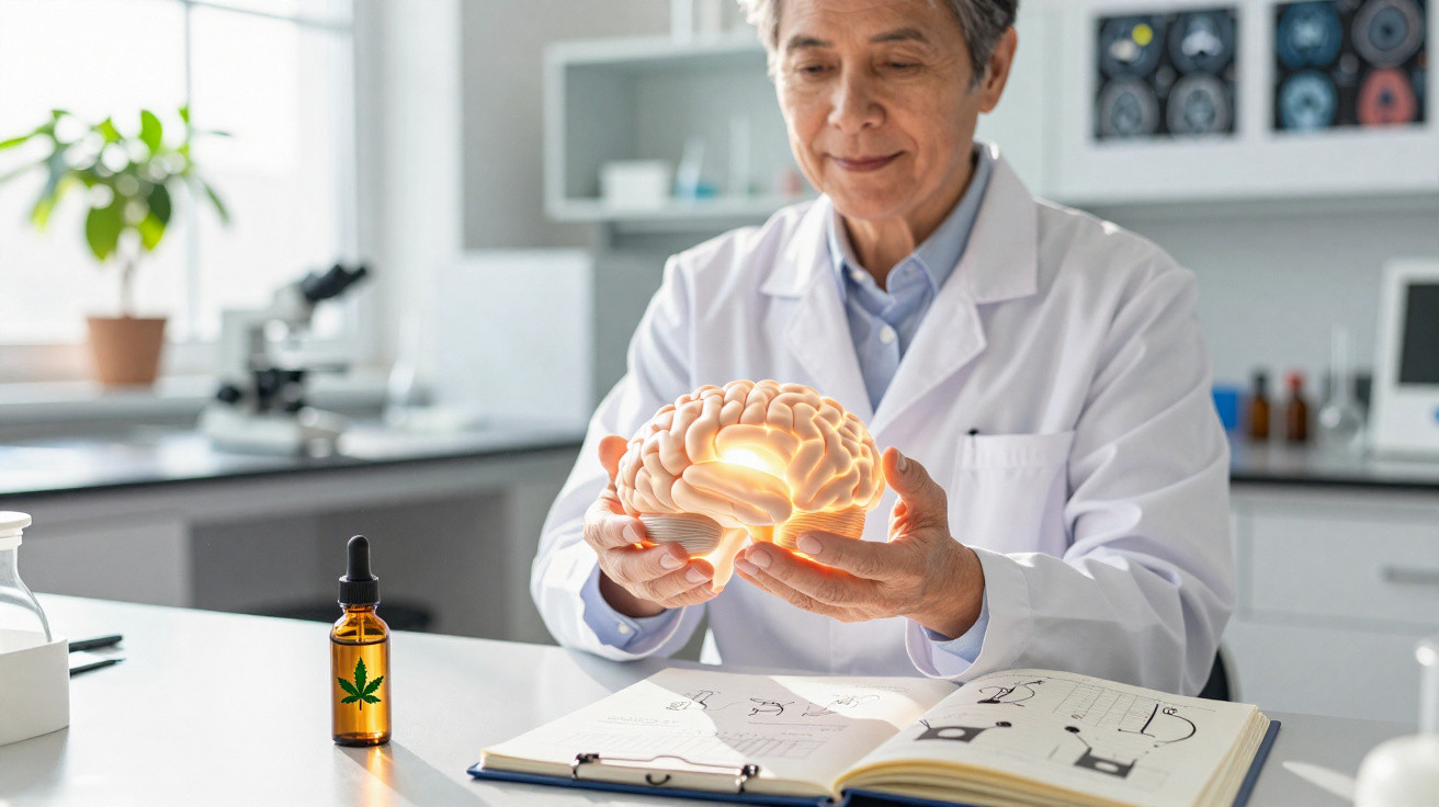 Cientista com jaleco branco segura modelo iluminado de cérebro em laboratório moderno.