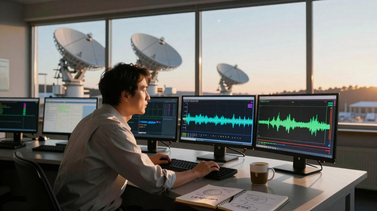 Homem observa gráficos de áudio em monitores com antenas parabólicas ao fundo durante o pôr do sol.