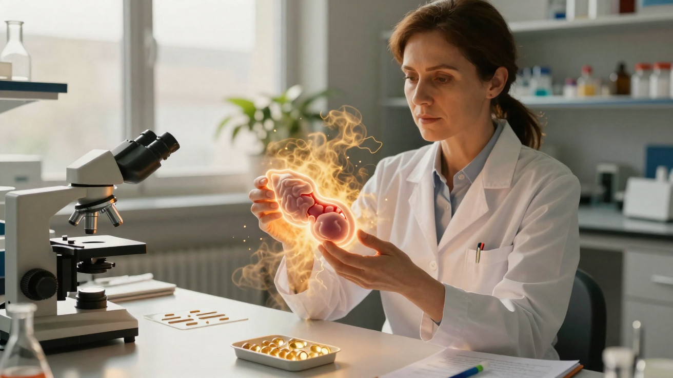 Cientista em laboratório examinando modelo brilhante de célula humana próxima a microscópio.