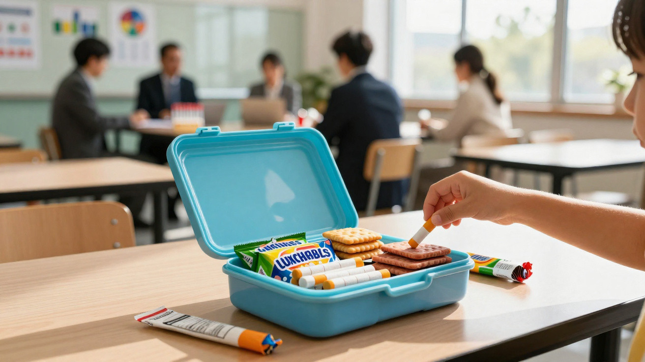 Estojo azul aberto com biscoitos e cigarros dispostos em uma mesa de sala de aula.