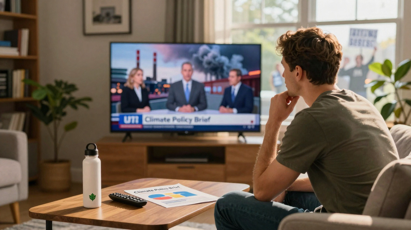 Homem sentado no sofá assistindo a programa de notícias sobre mudanças climáticas na TV na sala de estar.