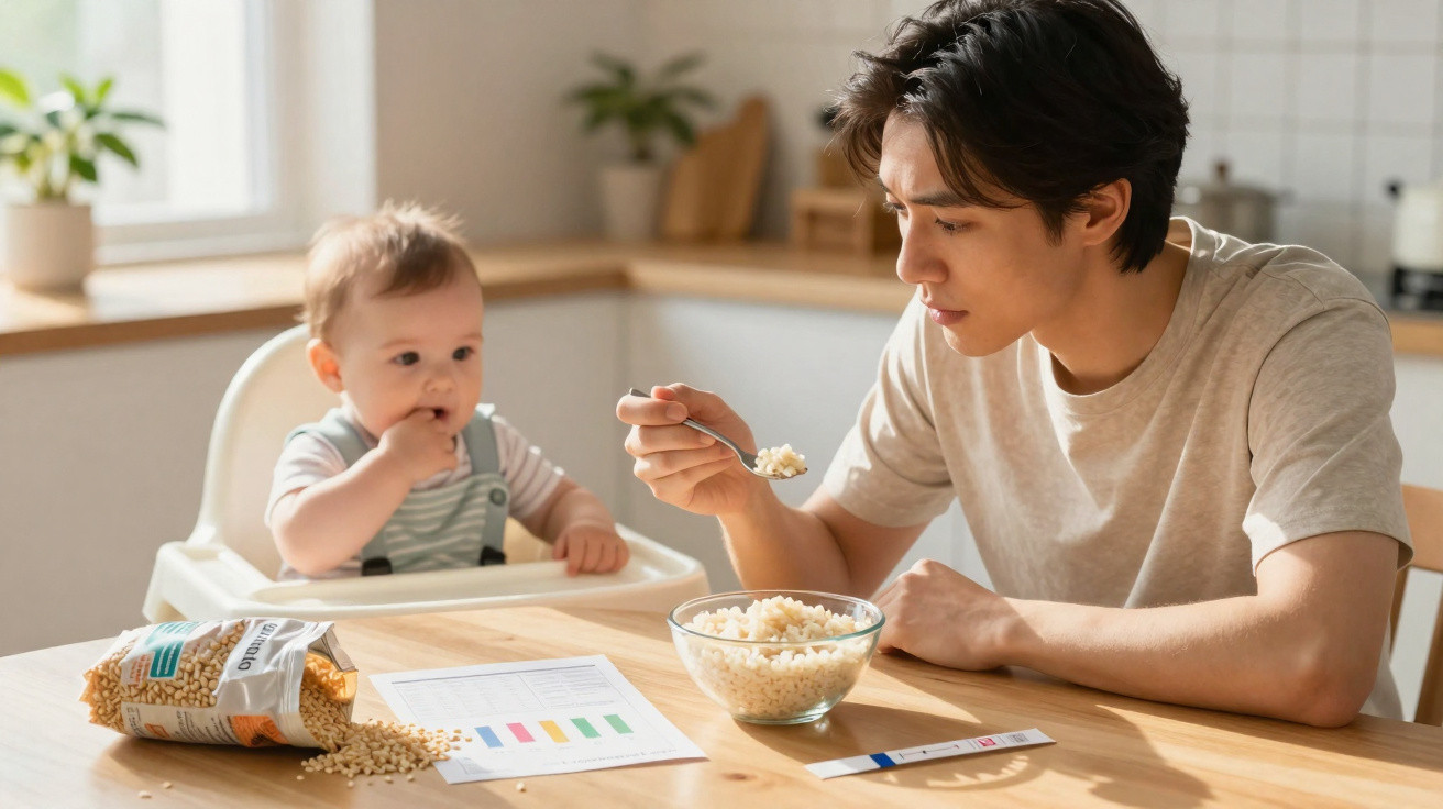 Homem alimentando bebê enquanto analisam gráficos e amostras de alimentos na mesa da cozinha.