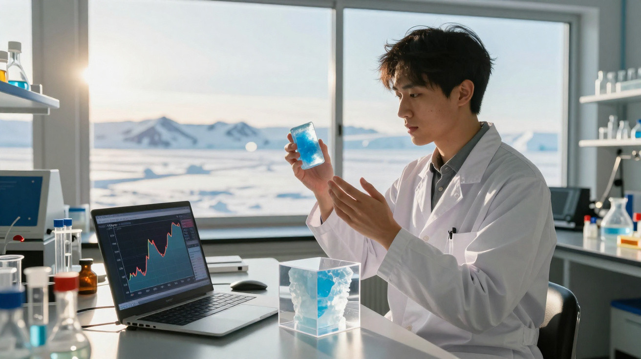 Cientista em laboratório com paisagem nevada ao fundo analisa bloco azul em mãos.