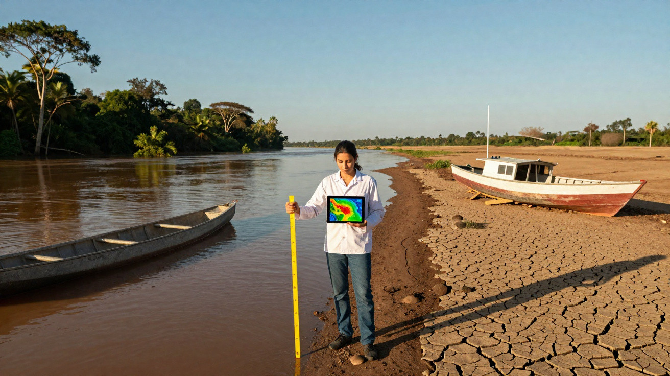 Pesquisadora com jaleco realiza medição de rios com canoas, solo árido e clima ensolarado.