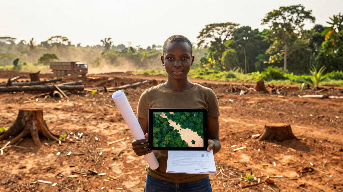 Pessoa segura tablet com imagem de floresta em área desmatada, com caminhão e árvores ao fundo.