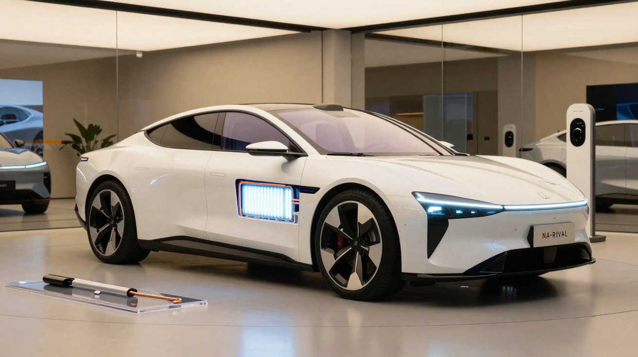 Carro elétrico branco futurista em showroom, com luzes de LED acesas e design aerodinâmico moderno.
