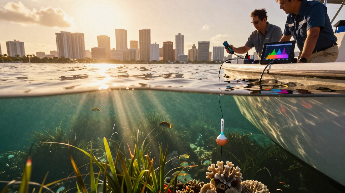 Duas pessoas em barco coletando dados ambientais em água clara com corais e vida marinha ao pôr do sol.