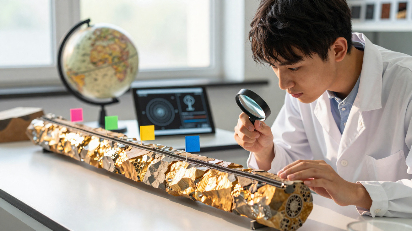 Jovem cientista examina satélite dourado com lupa em laboratório moderno com globo e tablet ao fundo.