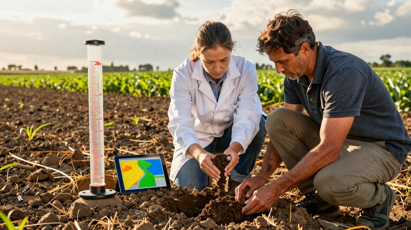 Dois pesquisadores analisam amostra de solo em área agrícola com equipamentos de monitoramento.