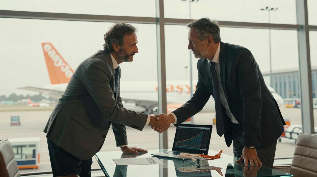 Dois homens de terno apertam as mãos em reunião com modelo de avião e gráfico em laptop, em aeroporto.