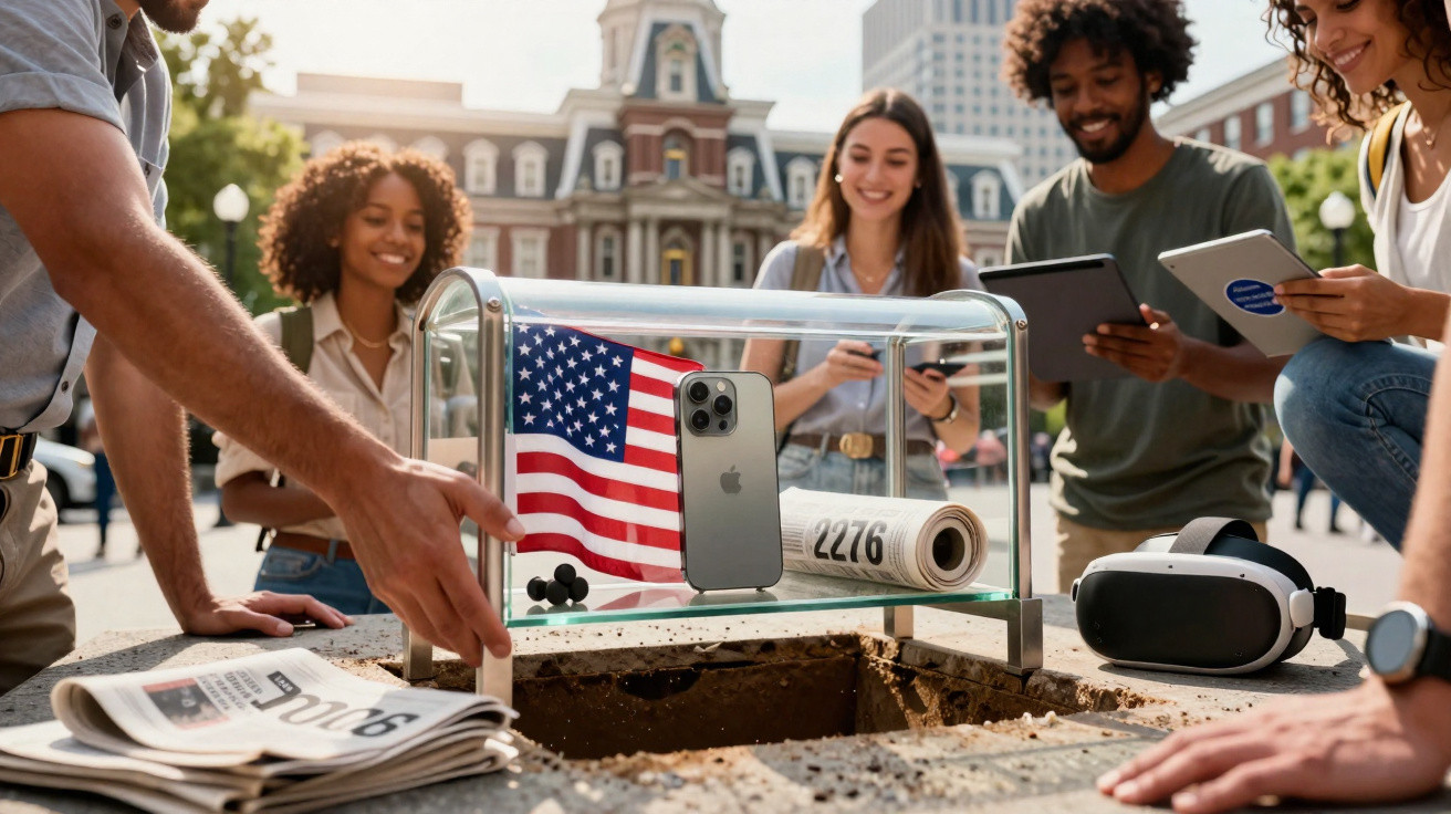 Grupo diverso de jovens observa cápsula do tempo com smartphone, bandeira dos EUA e jornal em praça urbana.