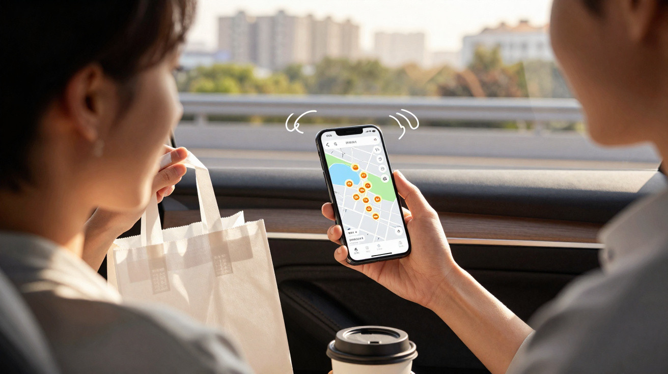 Pessoa segurando smartphone com aplicativo de mapa enquanto outra segura saco de papel em carro.