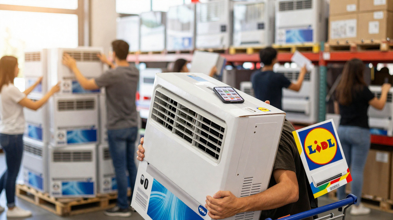 Pessoa carregando ar-condicionado em loja Lidl com outras pessoas escolhendo produtos ao fundo.