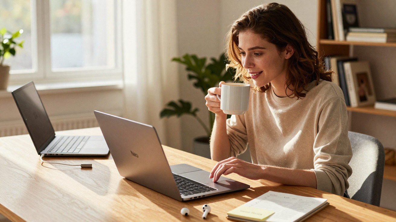 Mulher sorridente tomando café enquanto trabalha em laptop em mesa com caderno e fones sem fio.